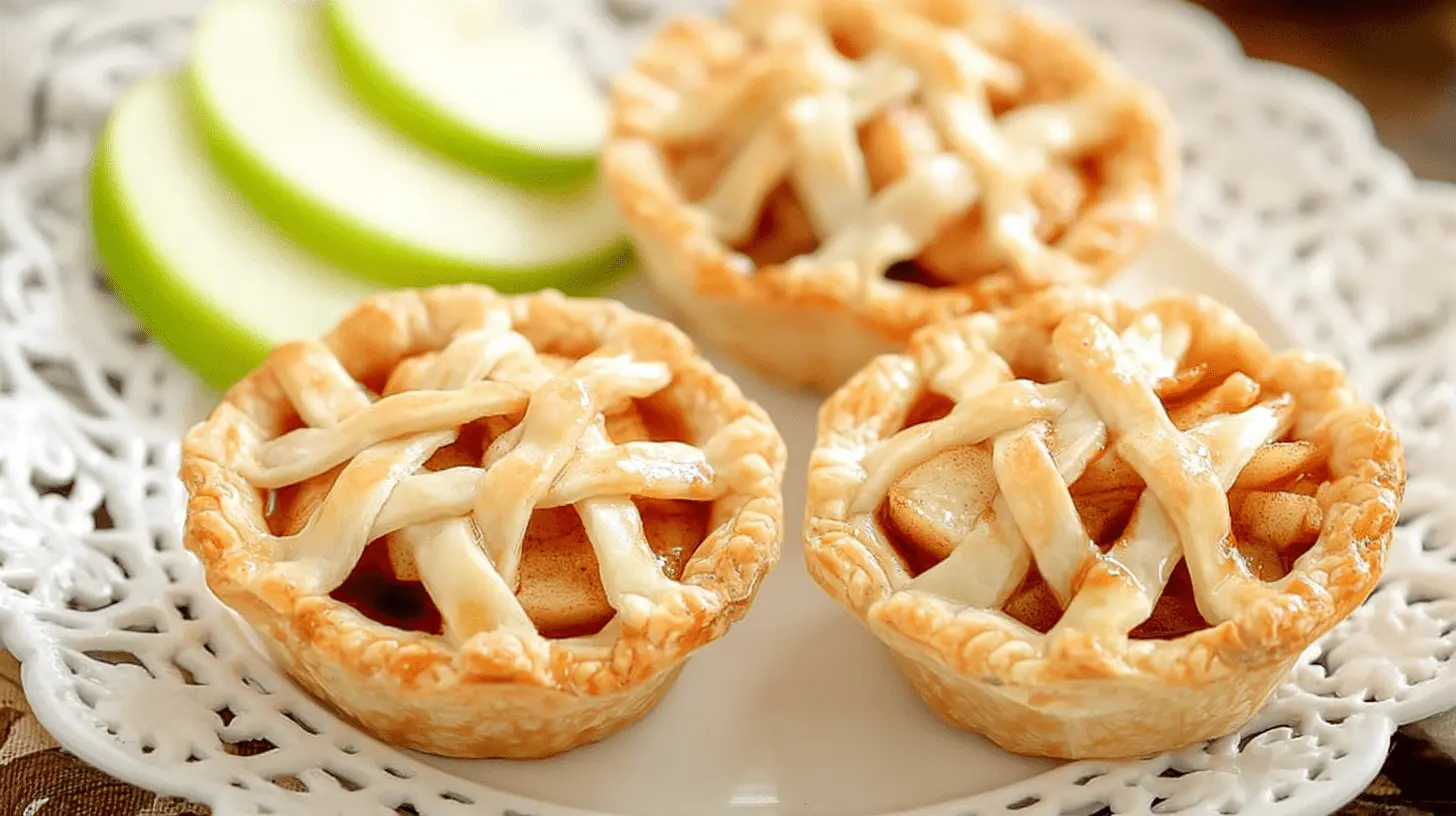 Delicious Mini Apple Pies: Your Perfect Bite-Sized Treat 2 Three golden-brown mini apple pies with lattice tops and fresh green apple slices on a white decorative plate.