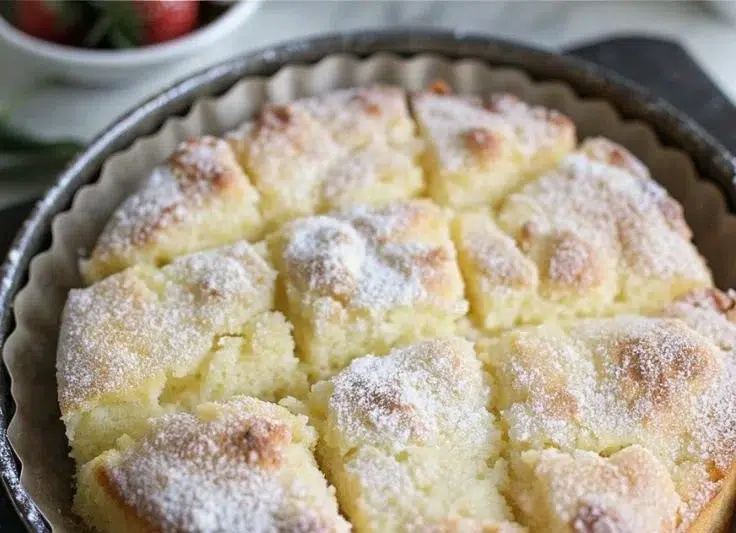 Delicious slice of French Butter Cake topped with fresh berries.