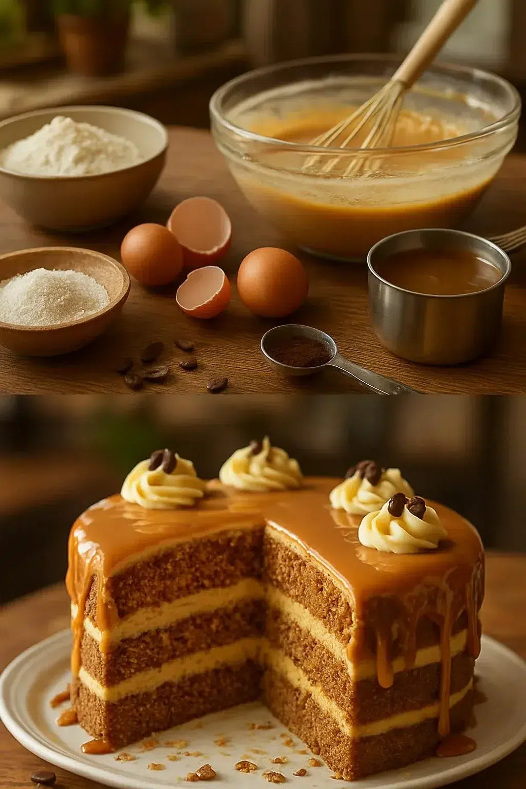 Delicious gooey coffee caramel cake with a rich coffee and caramel topping