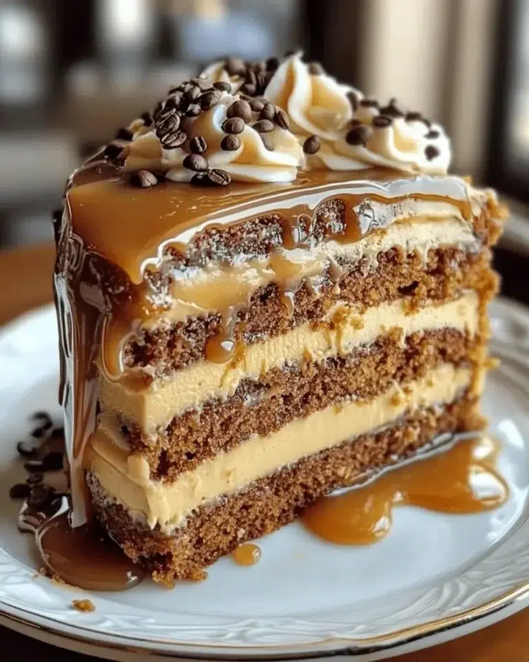 Gooey coffee caramel cake topped with rich caramel drizzle and coffee beans