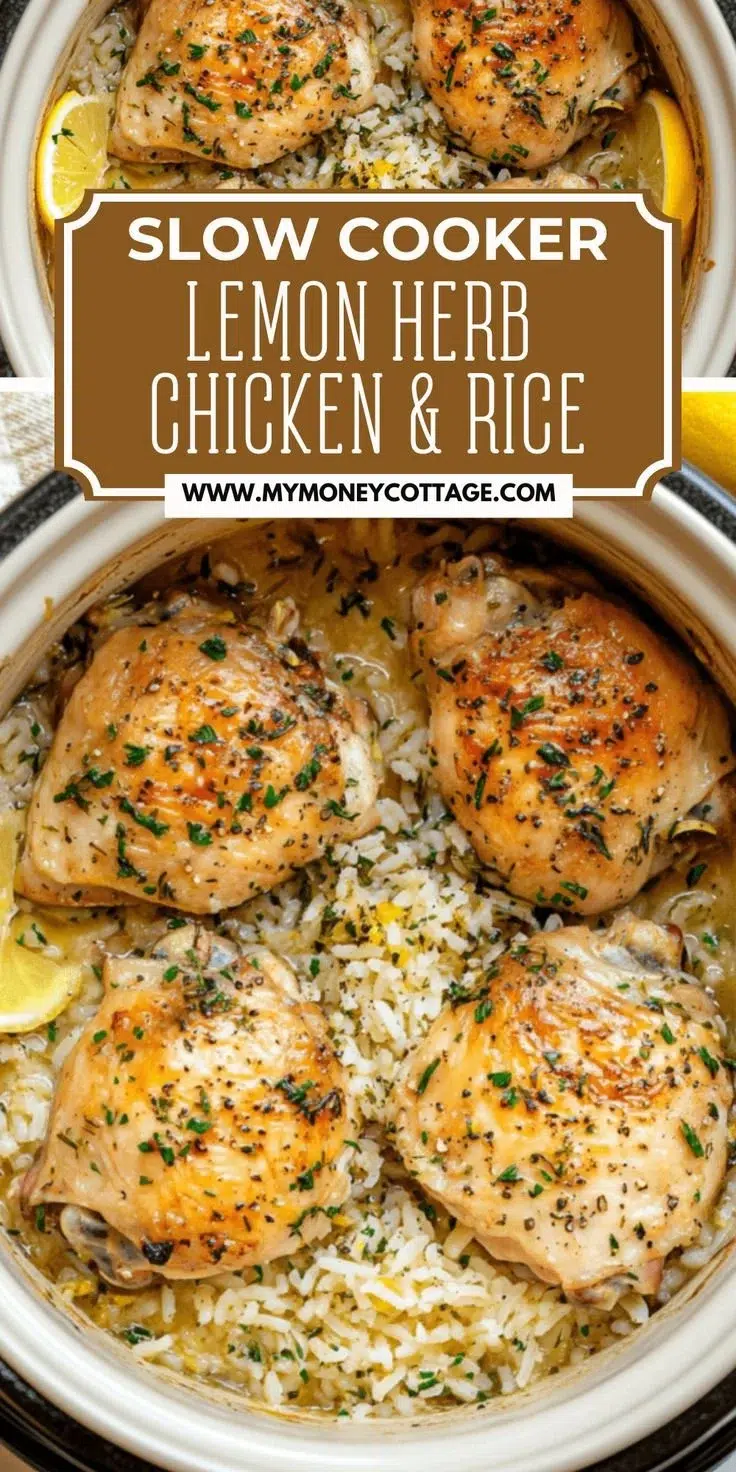 Slow Cooker Lemon Herb Chicken garnished with herbs and lemon slices