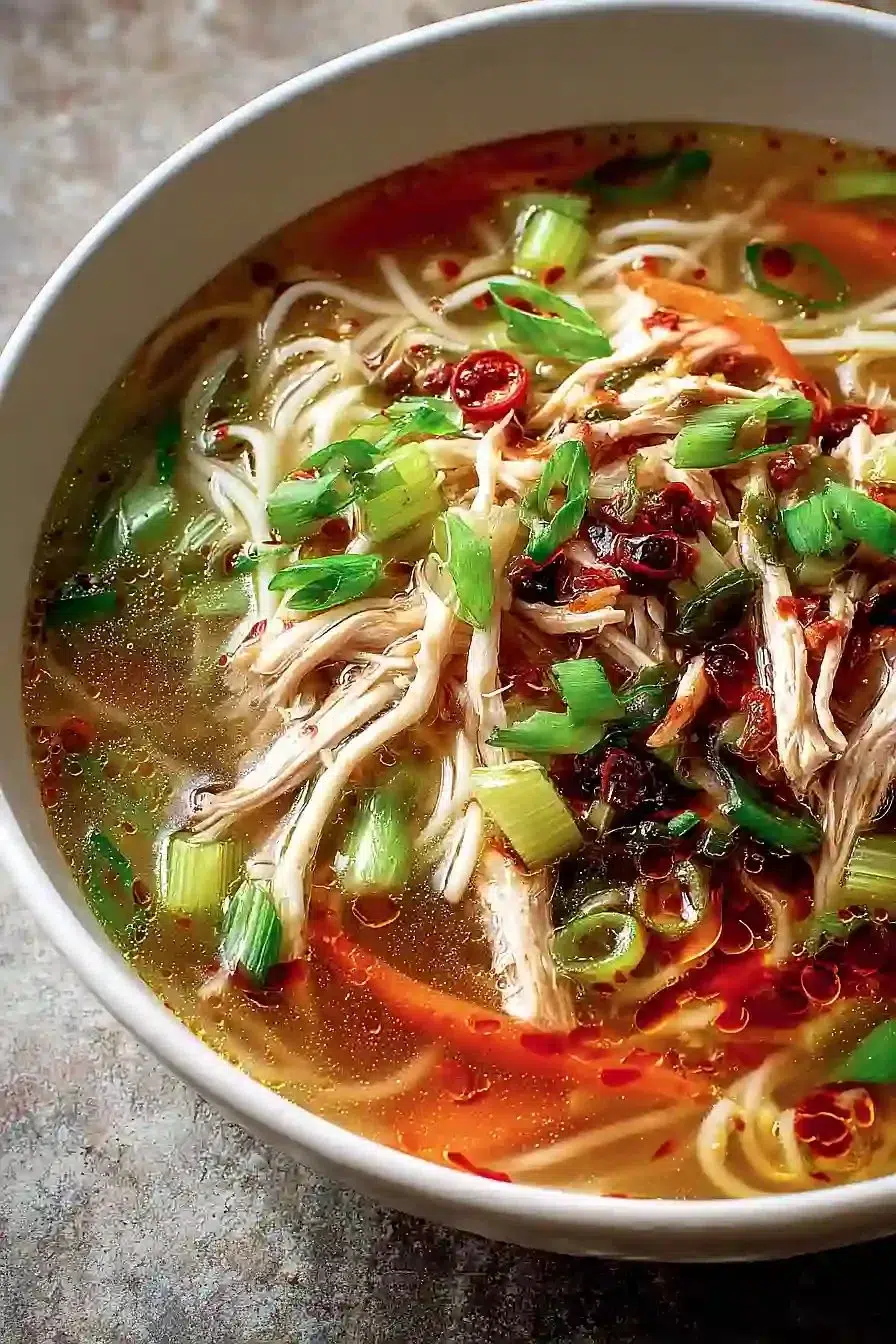 Aromatic ginger garlic chicken noodle soup in a bowl, garnished with herbs.