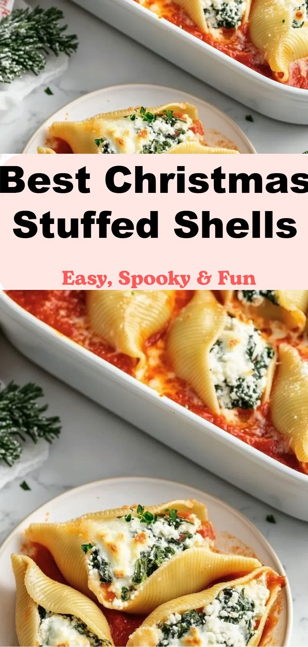 Delicious Christmas stuffed shells ready to serve with festive decorations