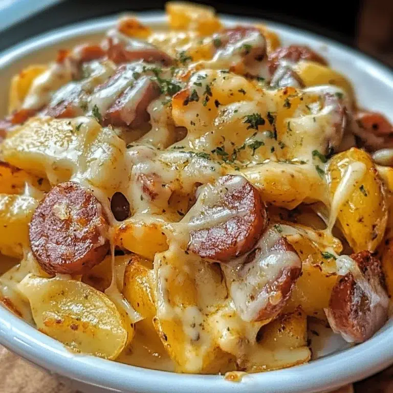 Delicious Cheesy Ranch Potatoes served with smoked sausage on a plate