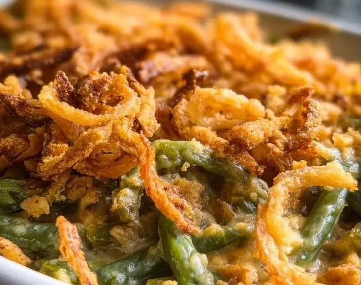Classic green bean casserole topped with crispy onions in a baking dish.
