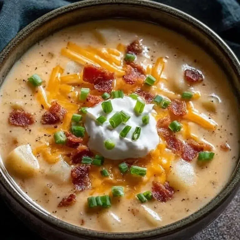 Bowl of comforting loaded baked potato soup garnished with cheese and green onions.