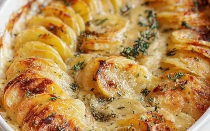 Creamy scalloped potatoes dish baked to golden perfection.