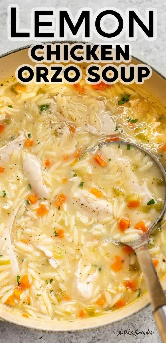 Bowl of easy lemon chicken orzo soup garnished with fresh herbs