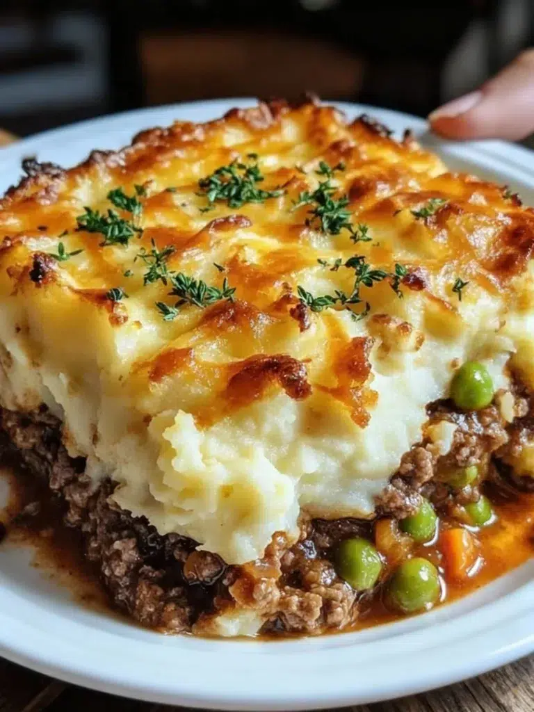 Easy Shepherd's Pie casserole topped with golden mashed potatoes.