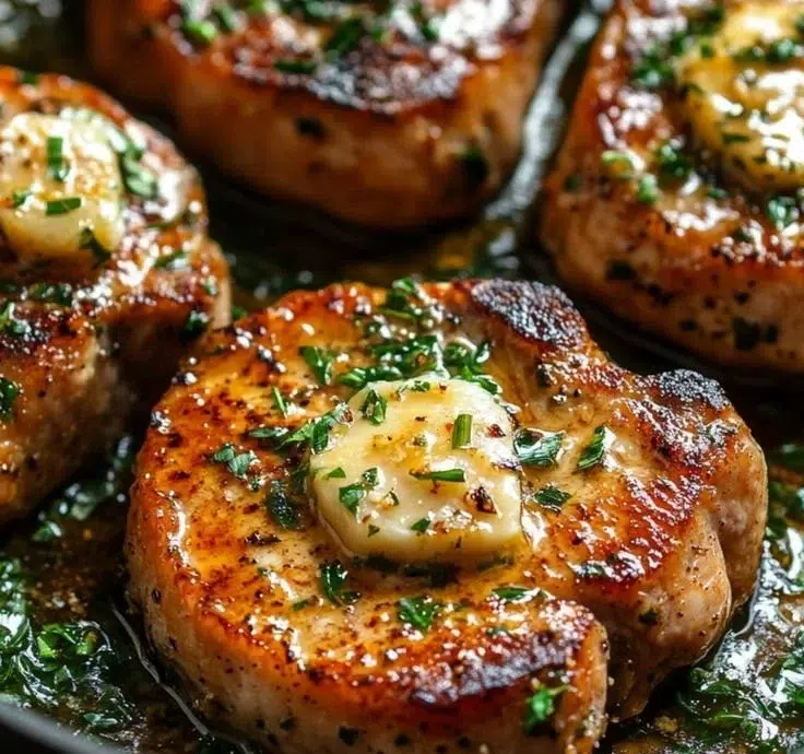 Delicious garlic butter pan-seared pork chops garnished with herbs