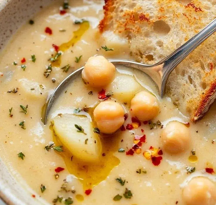 Delicious Garlic Chickpea Soup served in a bowl with fresh herbs.