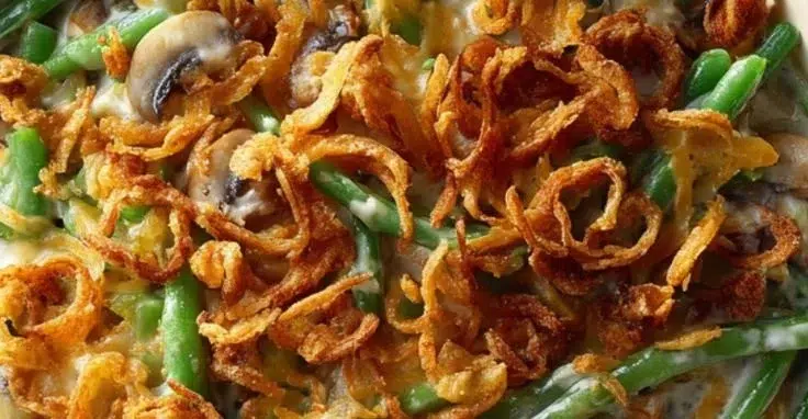 Delicious green bean casserole topped with crispy onions served in a bowl
