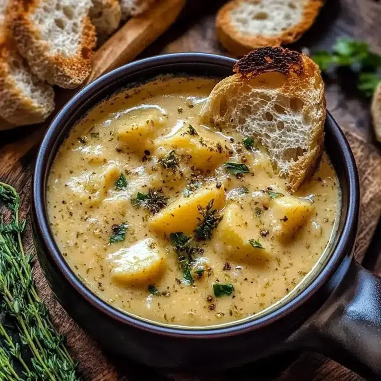 Bowl of hearty cheddar garlic herb potato soup topped with fresh herbs and cheese