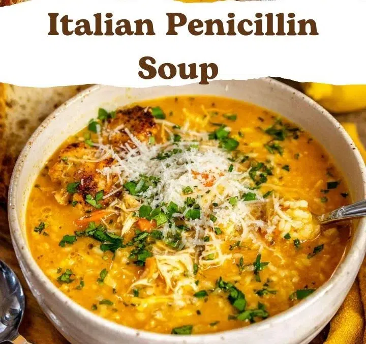 A warm bowl of Italian Penicillin Soup loaded with fresh ingredients and flavors.