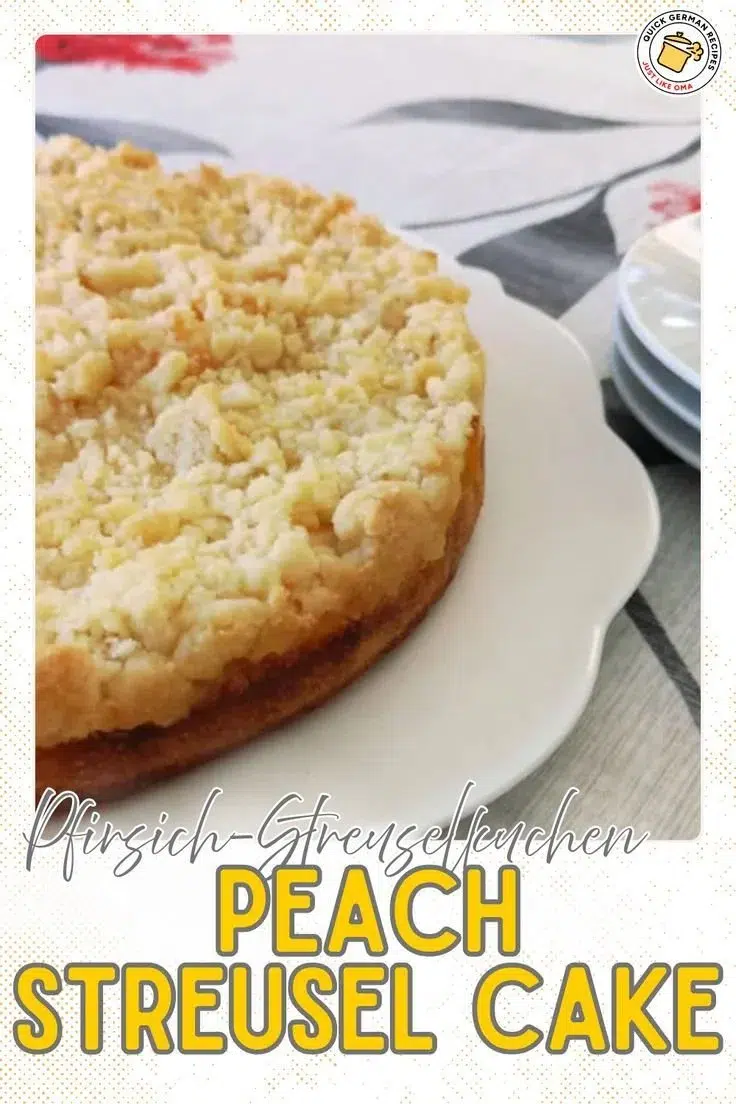 Delicious Peach Streusel Cake with crumb topping and fresh peaches