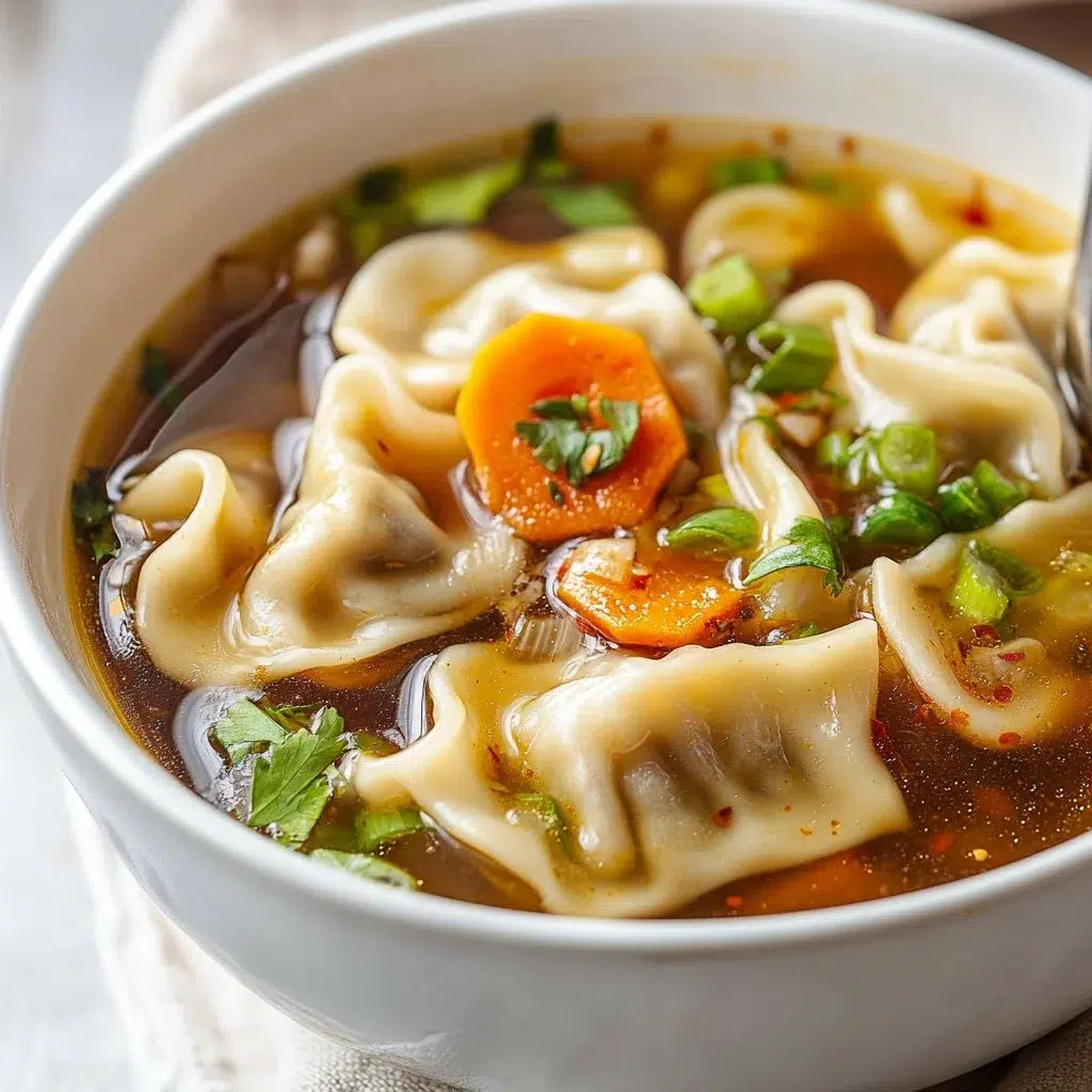 Bowl of comforting Potsticker Soup with dumplings and fresh herbs
