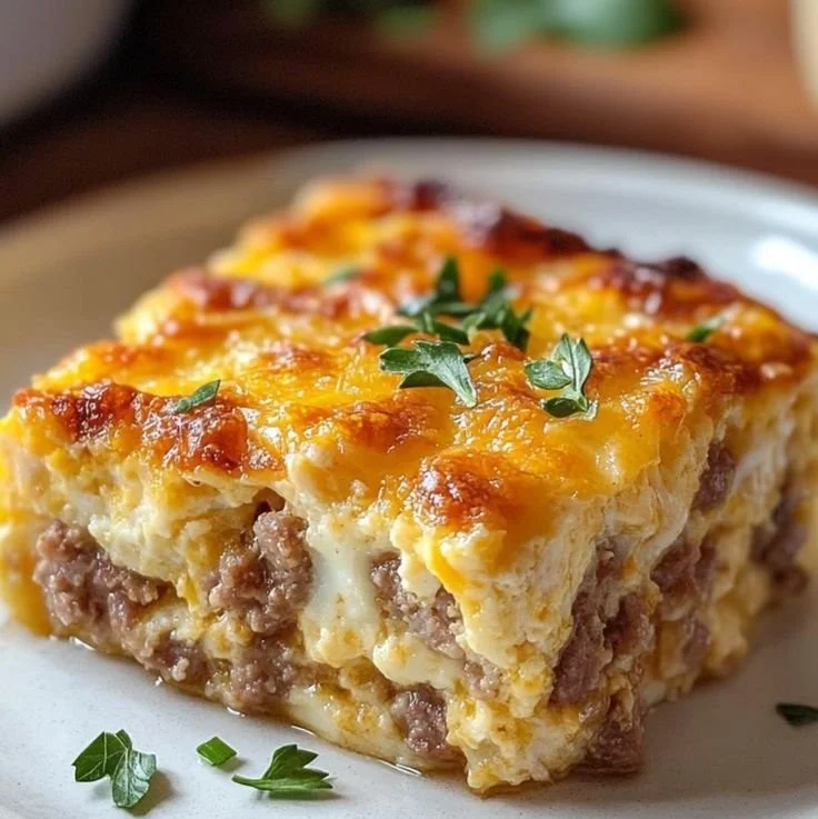 Sausage and Egg Casserole baked in a dish with fresh herbs