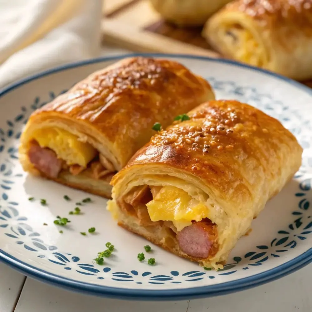 Sausage egg breakfast roll-ups on a plate, ideal for a quick morning meal.
