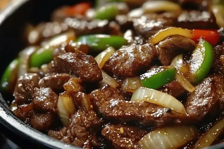 Delicious Chinese pepper steak with onions served in a sizzling platter