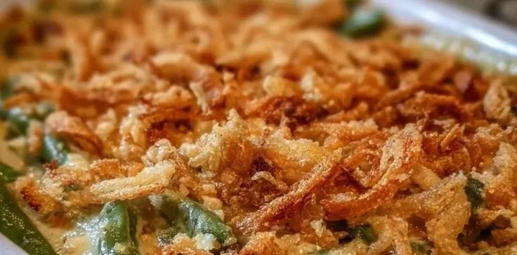 Southern-style green bean casserole topped with crispy onions.