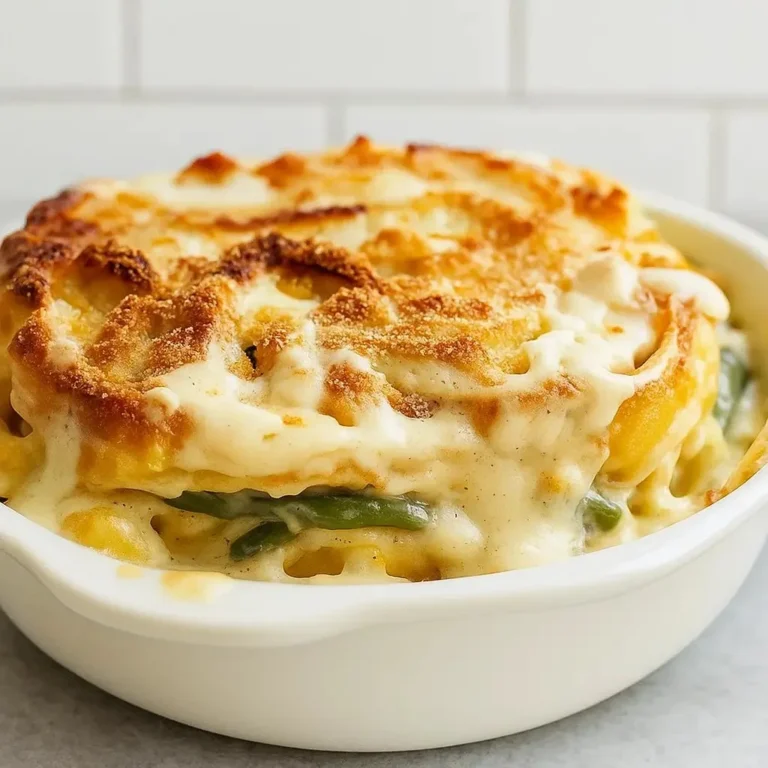 Ina Garten green bean casserole served in a dish for Thanksgiving dinner