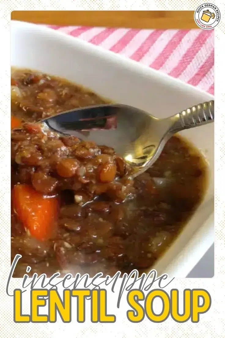 Bowl of traditional German lentil soup garnished with herbs
