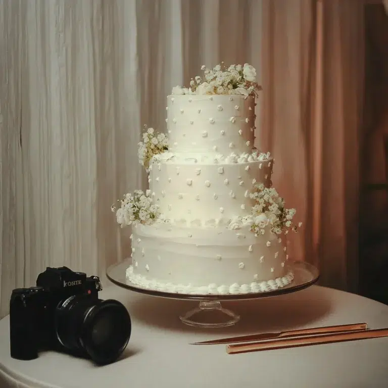 Elegant white three-tier wedding cake for a beautiful celebration