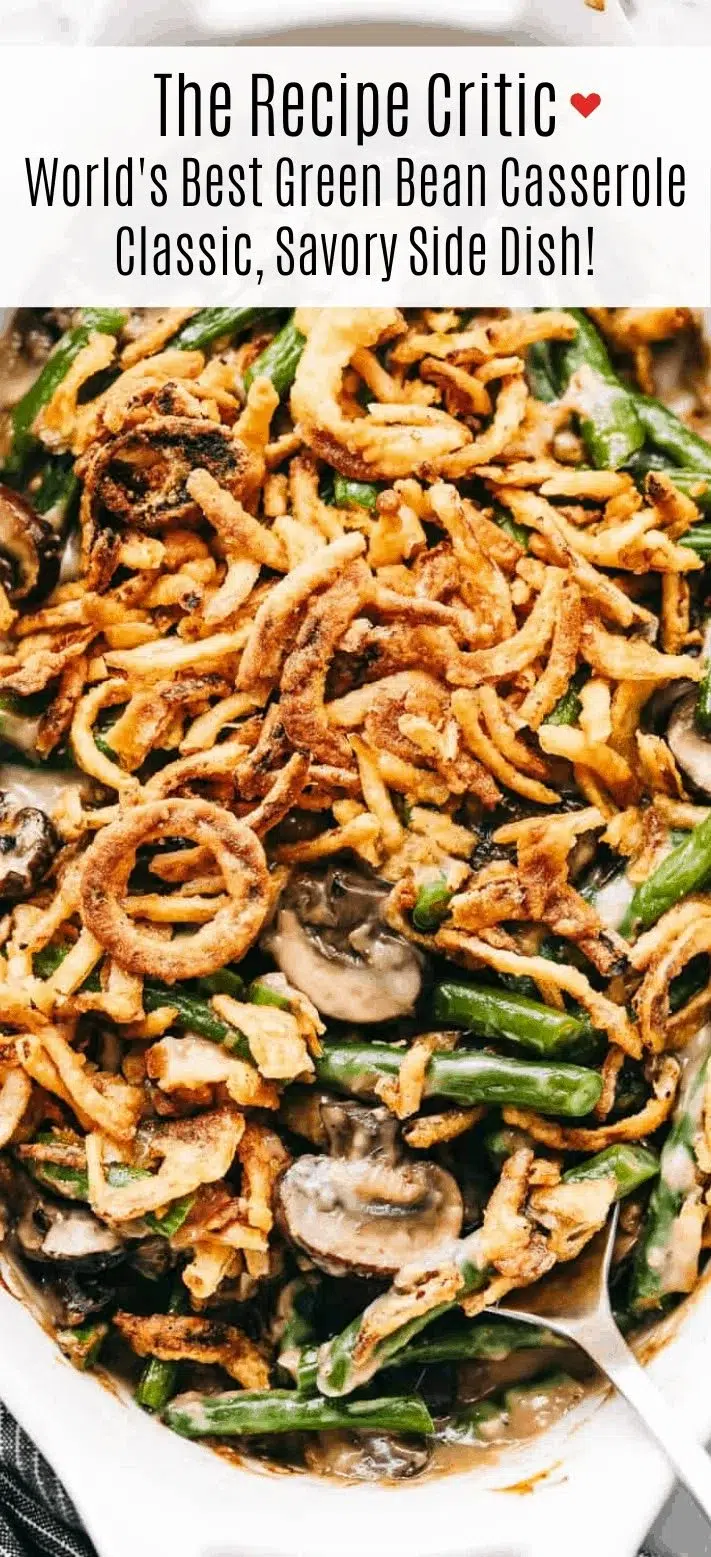 Delicious green bean casserole topped with crispy onions and creamy sauce
