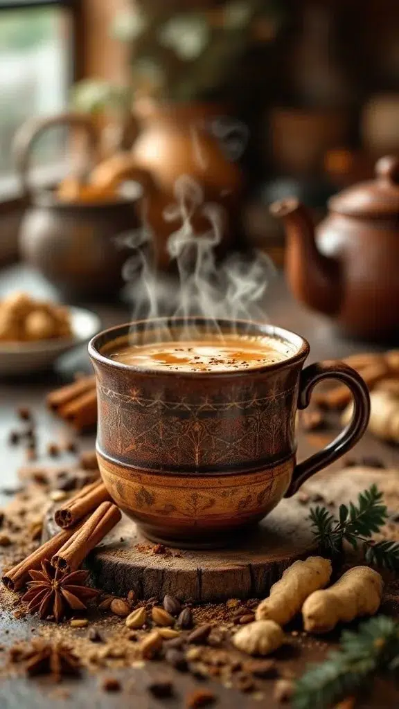 Variety of delicious chai tea recipes with spices and ingredients displayed
