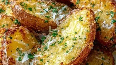 Delicious Air Fryer Baked Garlic Parmesan Potatoes served in a bowl