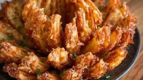 Crispy air fryer blooming onion served with dipping sauce