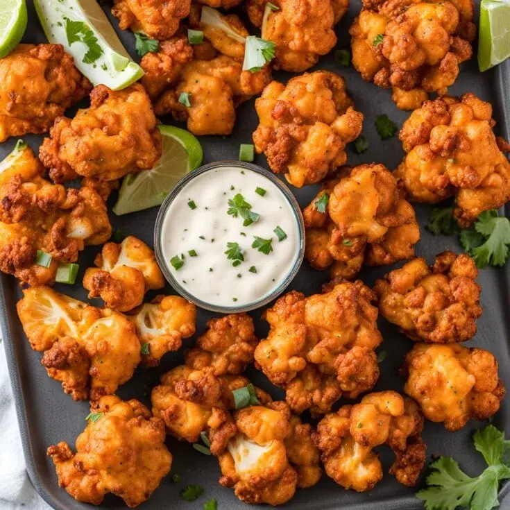 Delicious air fryer buffalo cauliflower bites served with dipping sauce.