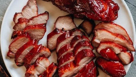 Air Fryer Char Siu Pork with a glossy glaze, served on a plate.