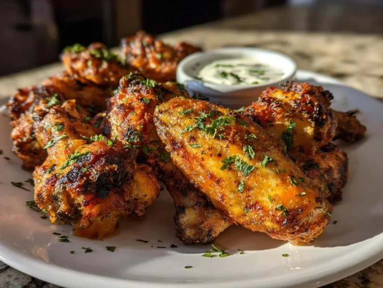 Deliciously crispy air fryer chicken wings served with dipping sauce.