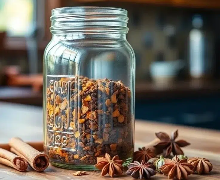 Aromatic Chai Tea Mix 2 Aromatic chai tea mix in a decorative bowl with spices and tea leaves