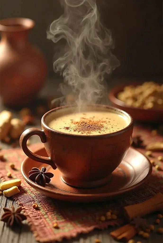 Cup of authentic masala tea with spices on a wooden table.