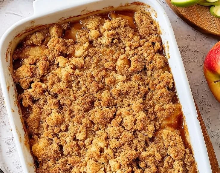 Delicious homemade baked apple crumble with a crunchy topping and warm apple filling