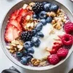 Delicious berry quinoa breakfast bowl topped with fresh berries and nuts