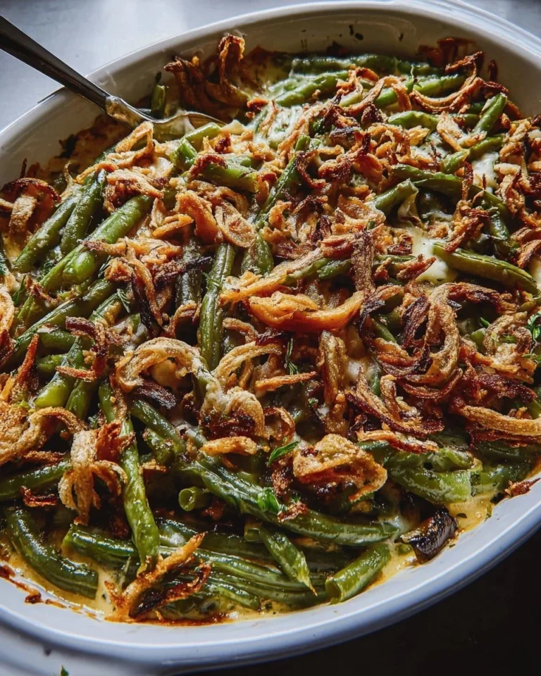 Deliciously baked green bean casserole topped with crispy onions