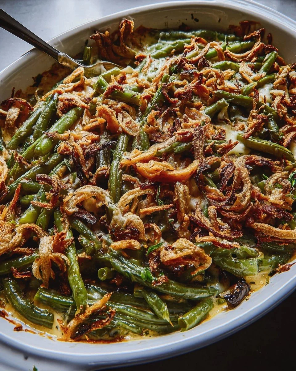 Deliciously baked green bean casserole topped with crispy onions