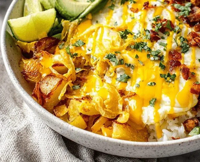 Delicious Breakfast Burrito Bowl with eggs, beans, and fresh veggies