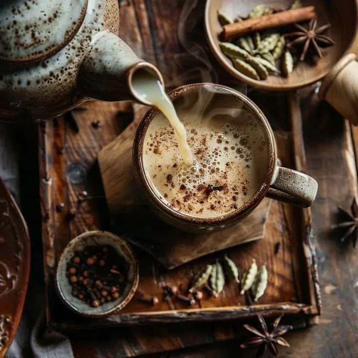 A steaming cup of chai latte topped with cinnamon and spices, served on a wooden table.