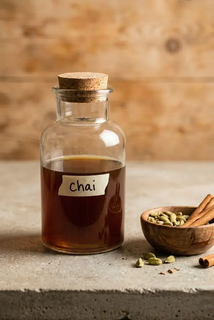 Homemade chai latte concentrate with spices and creamy texture