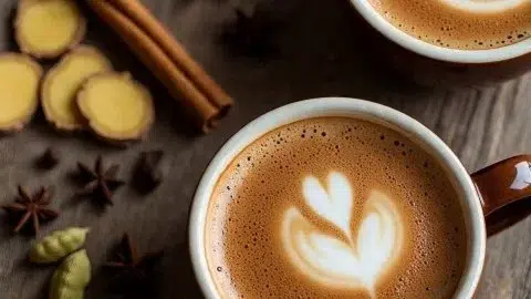 Homemade chai tea latte with spices and milk in a cup