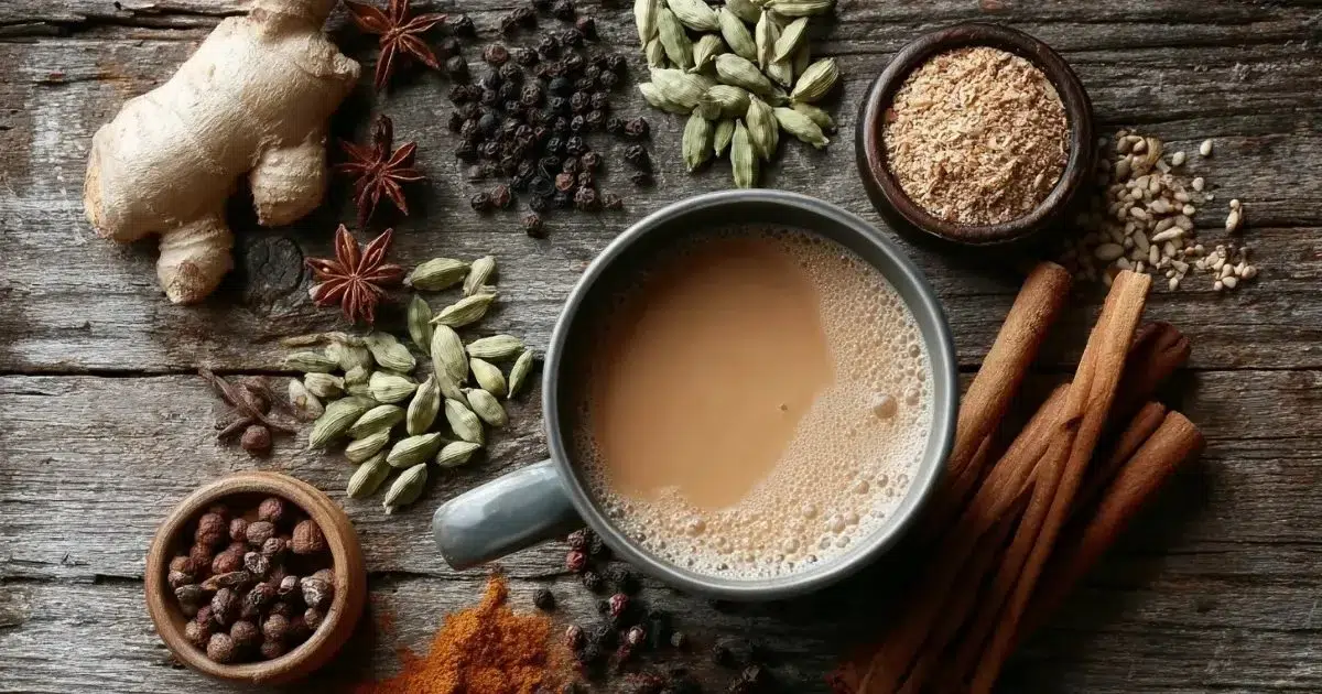 A steaming cup of chai tea with spices and herbs