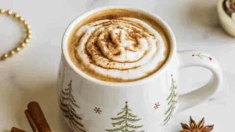 A steaming cup of Christmas Chai Latte topped with cinnamon and whipped cream.