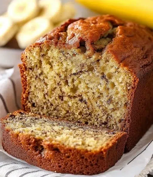 Loaf of classic moist banana bread fresh from the oven