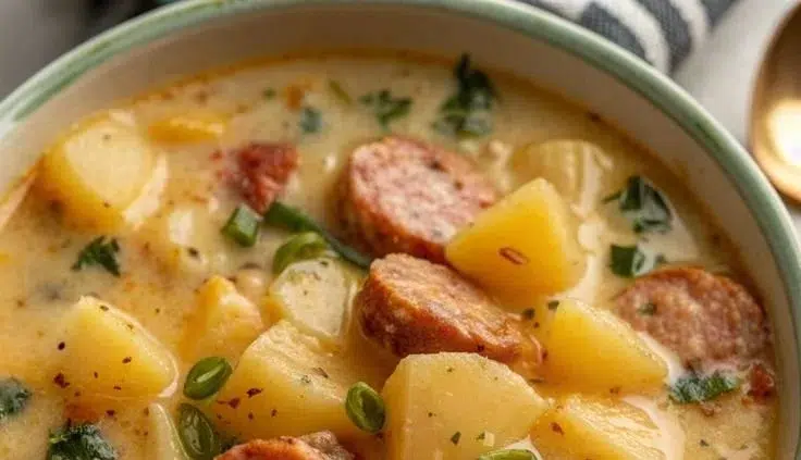 Cozy crockpot potato soup with sausage in a bowl