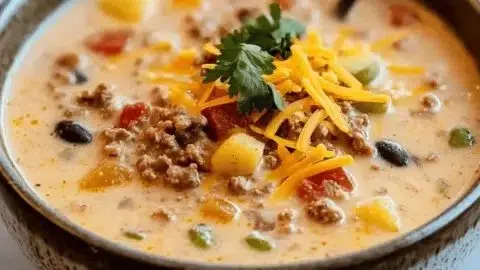 Bowl of creamy cowboy soup garnished with herbs and served with crusty bread