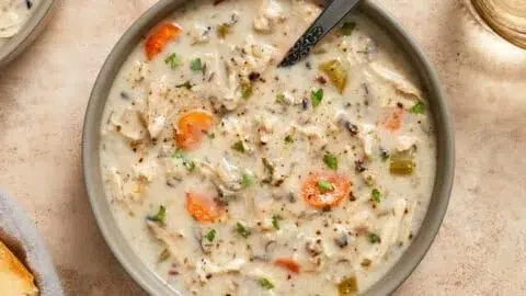 Delicious creamy crockpot chicken wild rice soup in a bowl